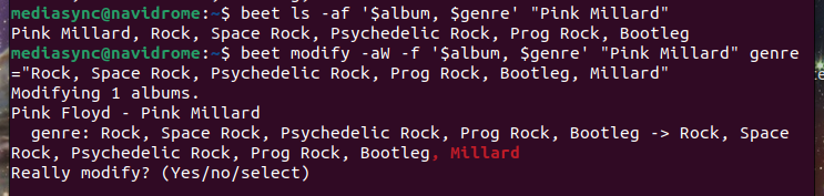 Terminal-Screenshot, welcher die Anwendung von beets zum modifzieren von Metadaten direkt auf einem Navidrome-Server zeigt. In diesem Falle das Hinzufügen das Tags "Millard" zu den Tags des Albums "Pink Millard" mit den ursprünglichen "Rock, Space Rock, Psychedelic Rock, Prog Rock, Bootleg"