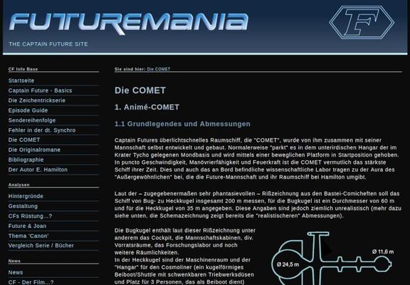 Screenshot der Seite FUTUREMANIA.de, zu sehen ist die Sektion über die COMET (das überlichtschnelle Raumschiff des Captains)