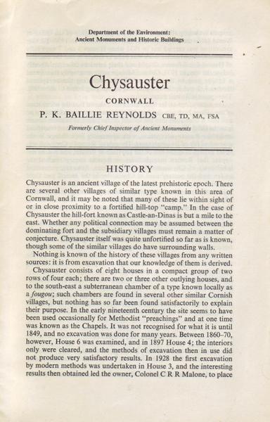 The front cover of Chysauster, Cornwall by P.K. Baillie Reynolds. Plain white with title and the first few paragraphs of text.