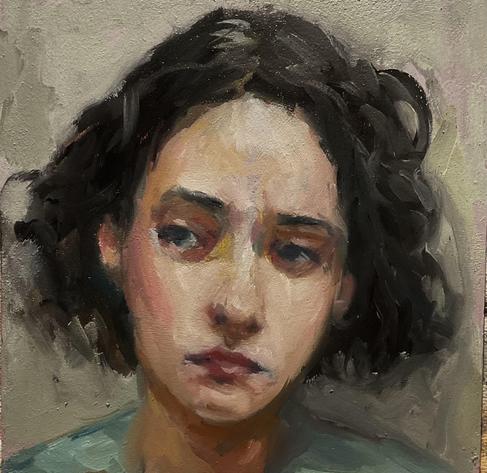 Picture of a young woman with cropped curly dark hair looking down & to the side, head facing forward. She is wearing a turquoise top. Painting loose, but realistically.