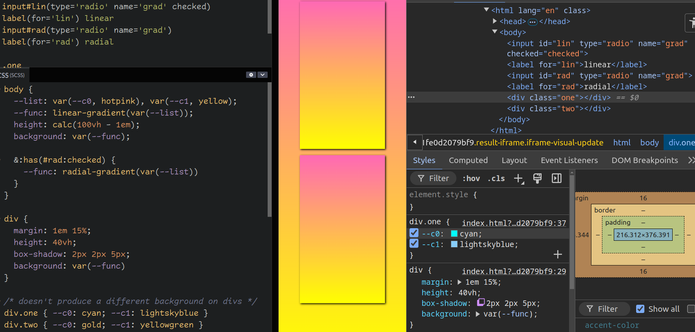 Screenshot of the demo illustrating the problem: --c0 and --c1 are modified on the child divs, but the gradient still uses their values from the parent.