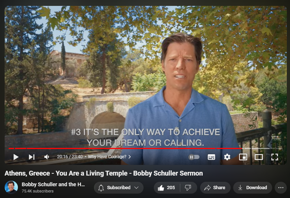 https://www.youtube.com/watch?v=CBIUM4NNPjk
Athens, Greece - You Are a Living Temple - Bobby Schuller Sermon
3,659 views  10 Aug 2024  ATHENS
From Athens, Greece, a Sacred Revelation: Unveiling the Living Temple Within.You Are a Living Temple. Pastor Bobby brings today’s message from the Agora in Athens Greece where he’s beginning the steps of Paul series. Bobby teaches from Acts chapter 17 – Paul has traveled to Agora and is mending tents during the week, but on the weekends, he’s at the synagogue talking to people about the gospel. Paul’s message was that God does not dwell in temples made with human hands, in today’s message: “You Are a Living Temple.”