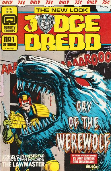 The front cover of Judge Dredd, Vol 2, No 1 from October 1986, featuring cover art by Steve Dillon of Judge Dredd in a scene from Cry of the Werewolf.