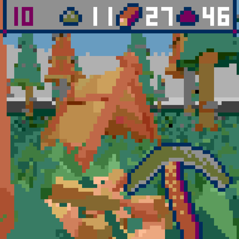 A screenshot of a very low resolution survival game. It shows a tent and a campfire in a forest and the players pickaxe. 