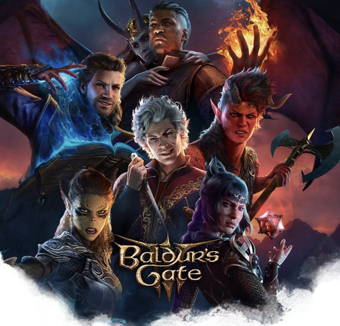 **TL;DR:** Promotional image for the video game "Baldur's Gate 3" featuring six main characters with varied fantasy elements and abilities.

The image shows six characters from the game "Baldur's Gate 3" in dynamic poses, each with distinct fantasy-themed traits. At the center, a white-haired man in elegant clothing is holding a sword. Surrounding him are a demon-like figure with horns and a flaming hand, a warrior holding an axe, and a mage casting a spell with glowing energy. A fierce female elf is in the lower left, and a woman with a glowing red die hovers above her hand. The game's title, "Baldur's Gate 3," is prominently displayed at the bottom.