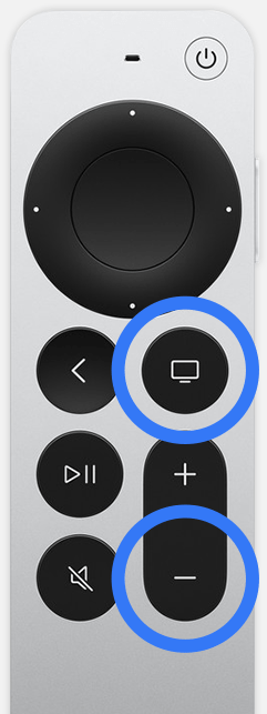 Apple TV remote with the TV and lower volume buttons circled