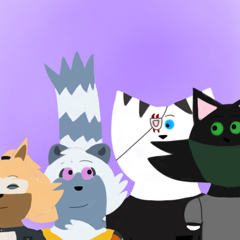 Drawing of Minea looking at Tangle while Tangle looks at Minea happily and Jupiter is looking at Minea and Whisper is smiling while not having her eyes open