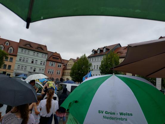 Menschen unter Regenschirmen, die gegen eine Veranstaltung der AFD in Apolda protestieren.