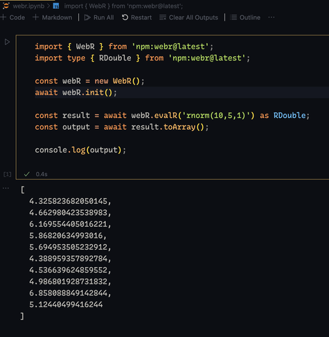 Deno JS notebook showing WebR array output