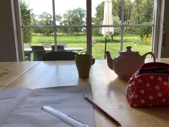 A view from a garden through some large windows, there is also a table visible with a tea pot, paper, pencil, and a ruler.