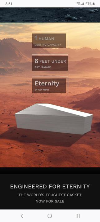 The bullet points of selling the new casket listed above an artist rendering of the casket. "Seating capacity: 1 Human, Est. Range: 6 Feet under, 0-60 MPH: Eternity".