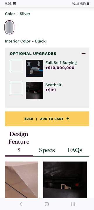 Screengrab of the Pre-Order deposit form, part 2, showing the 2 available options and costs....  1 seatbelt is $99, and "Full Self Burying" is listed as 10 million dollars.