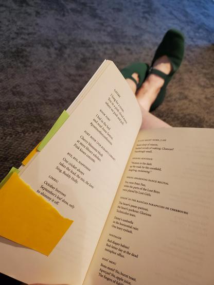 Poetry collection Siren by Kateri Lanthier, open to haiku selections, with my feet shod in green pumps in the background.
