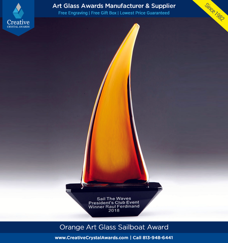 Hand blown art glass sail boat award, sailboat art glass award, art glass sailing award, sailing art glass award, regatta sailboat award, art glass yacht award, art glass awards supplier USA