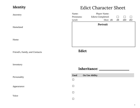 Edict Character Sheet Front