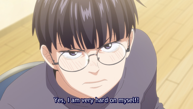 A boy (Giichi) with a stern expression on his face saying, "Yes, I am very hard on myself!"