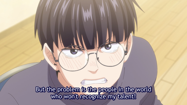 A boy (Giichi) with a stern expression on his face saying, "But the problem is the people in the world who won't recognize my talent!"