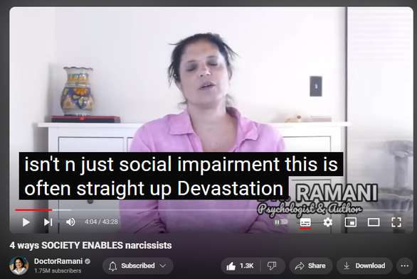 https://www.youtube.com/watch?v=gtb7ypZt4kc
4 ways SOCIETY ENABLES narcissists