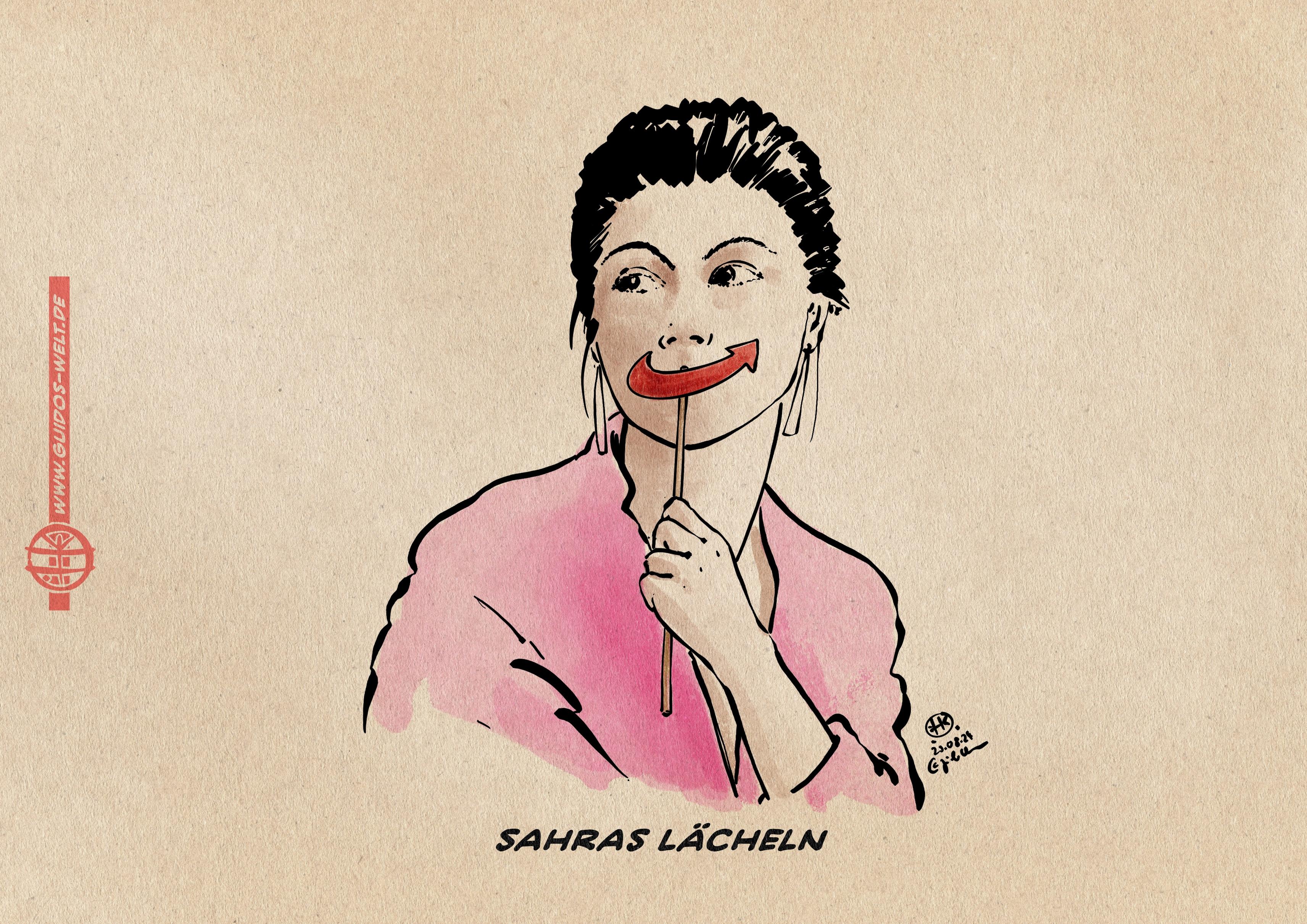 Illustration Sahra Wagenknecht hält sich den roten geschwungenen AFD Logopfeil vor den Mund. Textzeile: Sahras Läscheln.