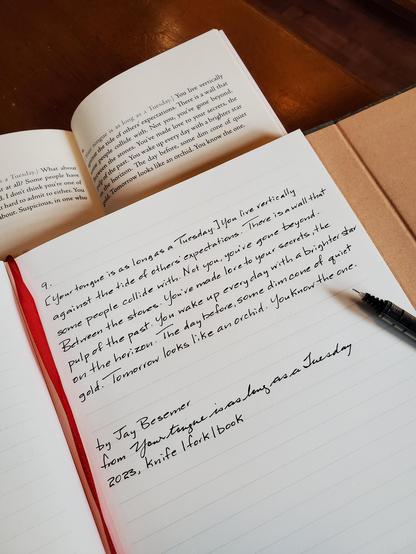 Handwritten excerpt from the poetry collection Your tongue is as long as a Tuesday by Jay Besemer