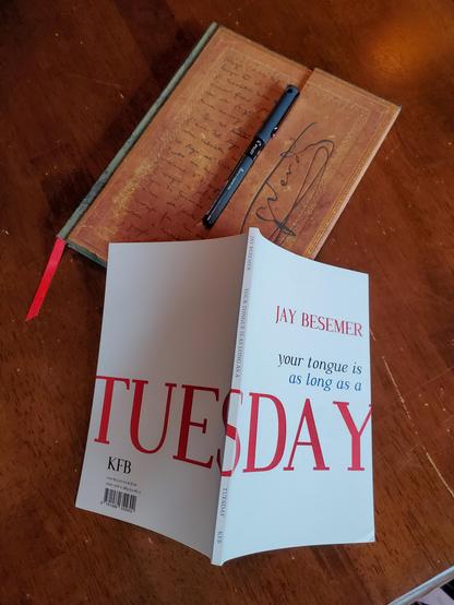 Poetry collection Your tongue is as long as a Tuesday by Jay Besemer (knife | fork | book), is splayed open to show the front and back covers, sitting next to a notebook with an ornate gold cover, with a black pen sitting on the notebook, too