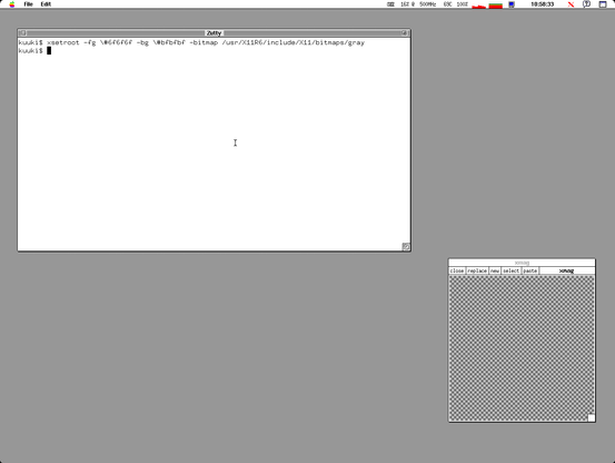An X11 desktop running the MLVWM window manager, xmag, and a zutty terminal demonstrating the use of `xsetroot -fg \#6f6f6f -bg \#bfbfbf -bitmap /usr/X11R6/include/X11/bitmaps/gray` to set the root window background to a 'gray' pattern using OpenBSD xenodm's default light & dark gray colors instead of black and white (which only simulates gray).