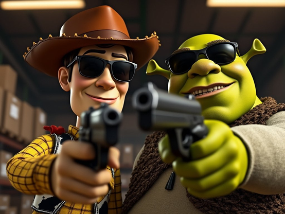 Toy Story's Woody and Shrek pointing guns at the camera with shades on