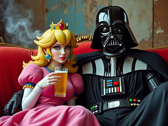 Princess peach drinking a beer with Darth vader