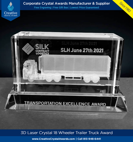 Semi trailer truck crystal award, crystal 18 wheeler truck award, 3d crystal long-haul truck award, crystal trailer truck award, crystal awards 3d, tucking industry award, truck driver award, corporate crystal award, 3d crystal award, high end crystal awards, wholesale crystal awards supplier USA