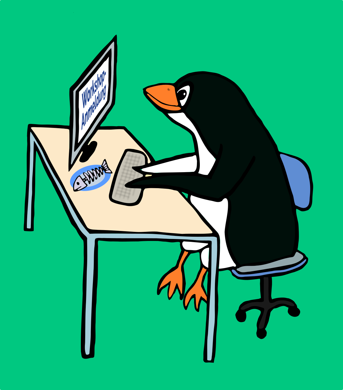 Ein Pinguin sitzt am Schreibtisch, auf dem Computermonitor steht 'Workshopanmeldung'.