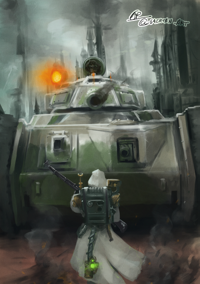 digital illustration of a warhammer 40k skitarii in white robes, with a necron scarab clinging on their back, in front of a leman russ tank that's recently shot towards them, with a bunch of smoke and ashes around the skitarii