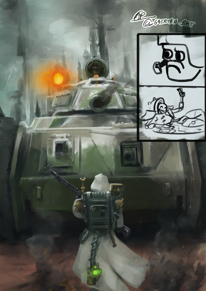 digital illustration of a warhammer 40k skitarii in white robes, with a necron scarab clinging on their back, in front of a leman russ tank that's recently shot towards them, with a bunch of smoke and ashes around the skitarii