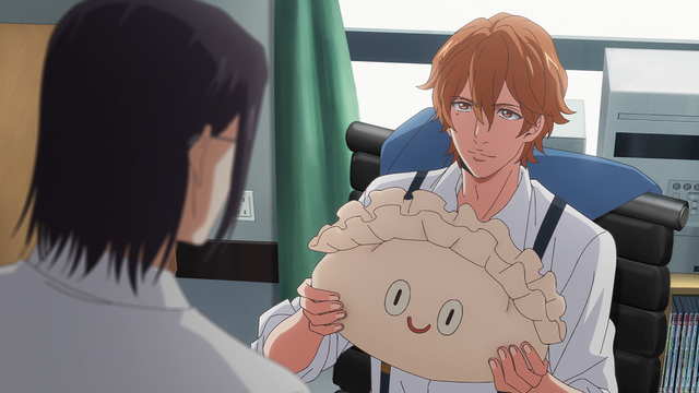 A teenage boy (Jin) holding the plush gyoza while another teenage boy (Giichi) looks at him.