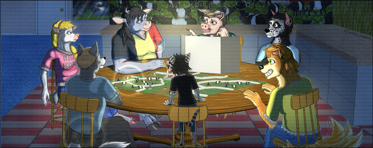 Work in progress. Clockwise around a round table from the left, the following seven anthropomorphic animals play a tabletop RPG: a sheep in a pink T-shirt and blue jeans, a Belgian blue cow in a T-shirt colored to resemble a Belgian flag and blue jeans, a pig in a teal and burnt orange jersey behind a tabletop RPG divider, a border collie in a light blue T-shirt and blue jeans with a hair-raised expression on his face, an excited and grinning golden retriever in a yellow blouse and blue jeans, a gray tabby in a black T-shirt and blue jeans standing on her chair with her hands on the table, and a gray wolf in a light teal short-collared shirt and dark-gray slacks.  They are in the middle of an open kitchen with red and beige tiles, with white cabinets, beige countertops, and a mural of dutch-belted cattle in a field on one of the walls above the counter.  The view from a window in the distant background shows that it is nighttime.  The house is dark, with the only light being an unseen overhanging lamp above the table.