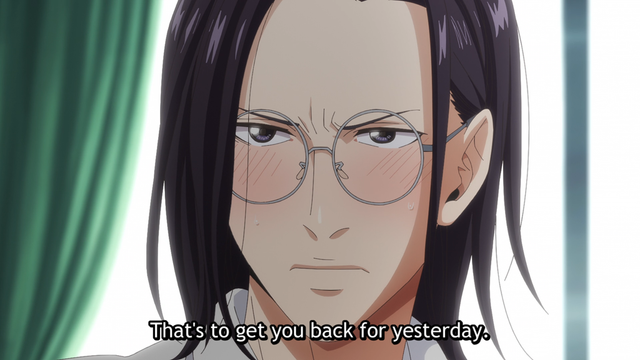 A teenage boy (Giichi) with blushed cheeks and a cautious expression says, "That's to get you back for yesterday."