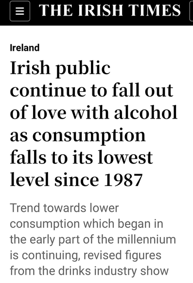 THE IRISH TIMES Ireland Irish public continue to fall out of love with alcohol as consumption falls to its lowest level since 1987 Trend towards lower consumption which began in the early part of the millennium is continuing, revised figures from the drinks industry show