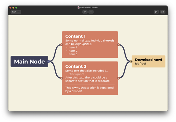 Screenshot of the QuikFlow app showcasing that it now supports rich content within nodes. QuikFlow is an app which enables the creation of flowcharts with a mind mapping workflow.
