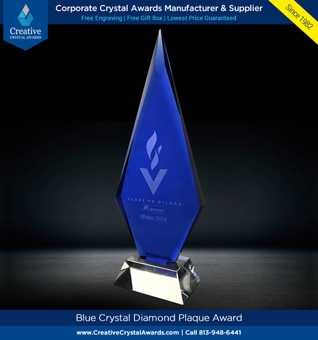 Blue crystal diamond award, faceted crystal diamond plaque, diamond peak crystal plaque, diamond crystal plaque award, blue crystal plaque, blue crystal award, diamond crystal award, corporate crystal awards, wholesale crystal awards supplier in USA, crystal award plaque