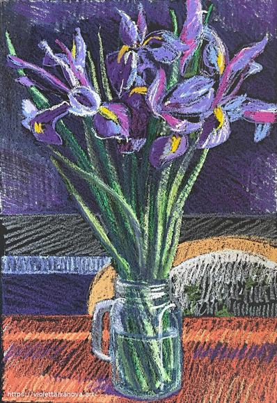 An oil pastel painting depicting a bouquet of irises standing in a glass mug.