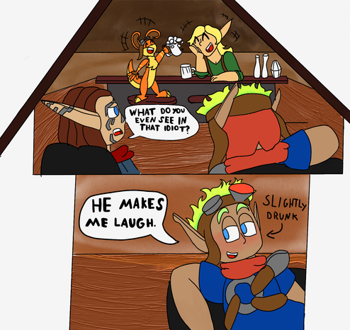 A two panel Jak and Daxter comic. 

Panel 1

A scene in the Naughty Ottsel. Jak and Torn are in the foreground seen from behind, Ottsel Dax and Tess are in the background laughing together. Daxter is standing on a bar stool holding up a mug.

Torn asks Jak, "What do you even see in that idiot?"

Panel 2

A close up of Jak leaning back in a chair and smiling softly, his face is slightly flushed, an arrow points to him saying "Slighty drunk"

Jak says, "He makes me laugh"


