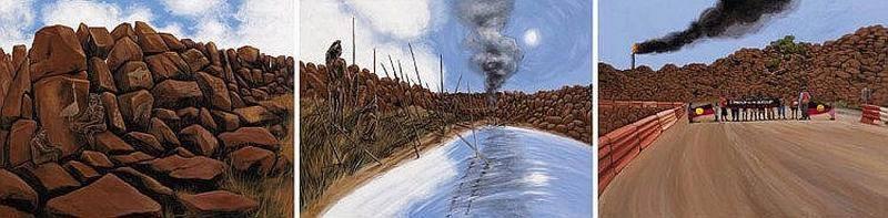 
https://www.juliedowling.art/

artist Julie Dowling's 'triptych Burrup'

Past 
Three paintings of ancient red rocks under the blue sky and white clouds - Burrup Peninsula 
Petroglyphs rock art carvings eg emu;  firstnations members sit

Recent 
past Red Rocks with white clouds, blue water reflecting blue sky
 Smoke on the horizon firstnations people standing up assemble carrying spears

Present 
First Nations protesters stand on industrial graded road through rock art; holding Aboriginal flags and banner “stand up for the burrup” 