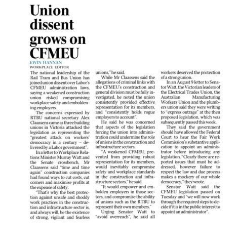 “Union dissent grow on CFMEU” newspaper headline 
( RTBU ETU and AMWU unions upset on ‘Administration’ of CFMEU by Labor Government with votes of LNP union busters)