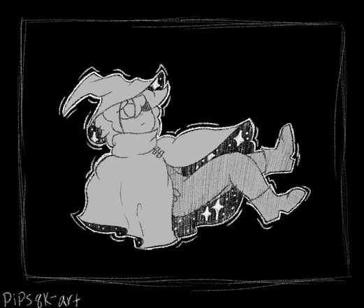 Image ID: A digital sketch of Siffrin from "In Stars and Time". They are floating in a dark void looking up with concern. Their cape billows out revealing a black and white star pattern underneath. End ID.