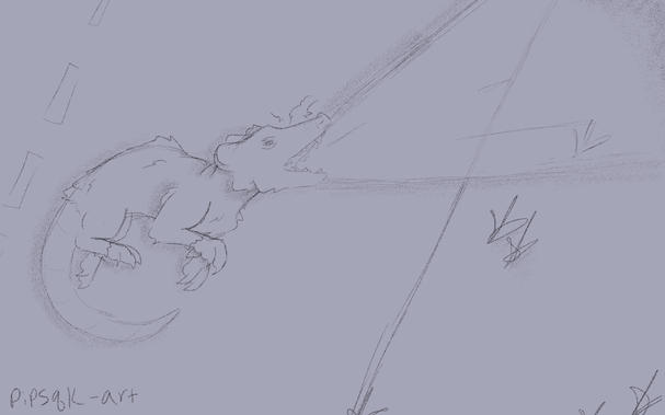 Image ID: A digital sketch of a dead opossum lying in the middle of a road. She is facing right towards the grass with her mouth open. A ray of light is shining out of her mouth towards the grass. End ID.