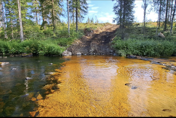 Kuva kohdasta missä metsätyökone on kulkenut, selvät ja syvät ajourat maassa ja joen vesi ja pohja sotkeutuneet hiekkaan. 