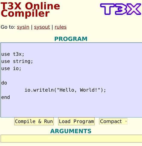 Screenshot of the T3X online compiler with an input window containing a "Hello World" program and "compile" and "load" buttons under the window.