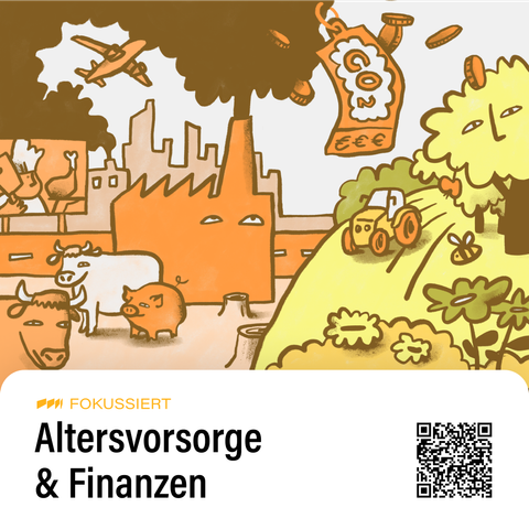 Illustration in OrangeBraun- und GelbTönen. Die dunklere linke Hälfte zeigt Fabriken, ein FlugZeug, viel Rauch mit CO2-PreisSchild und klimperndem Geld aus den Wolken, Tiere und einen Koch oder Metzger. Auf der hellen rechten Seite sind Acker mit Trecker, Blumen, Bienen und Bäume zu sehen.