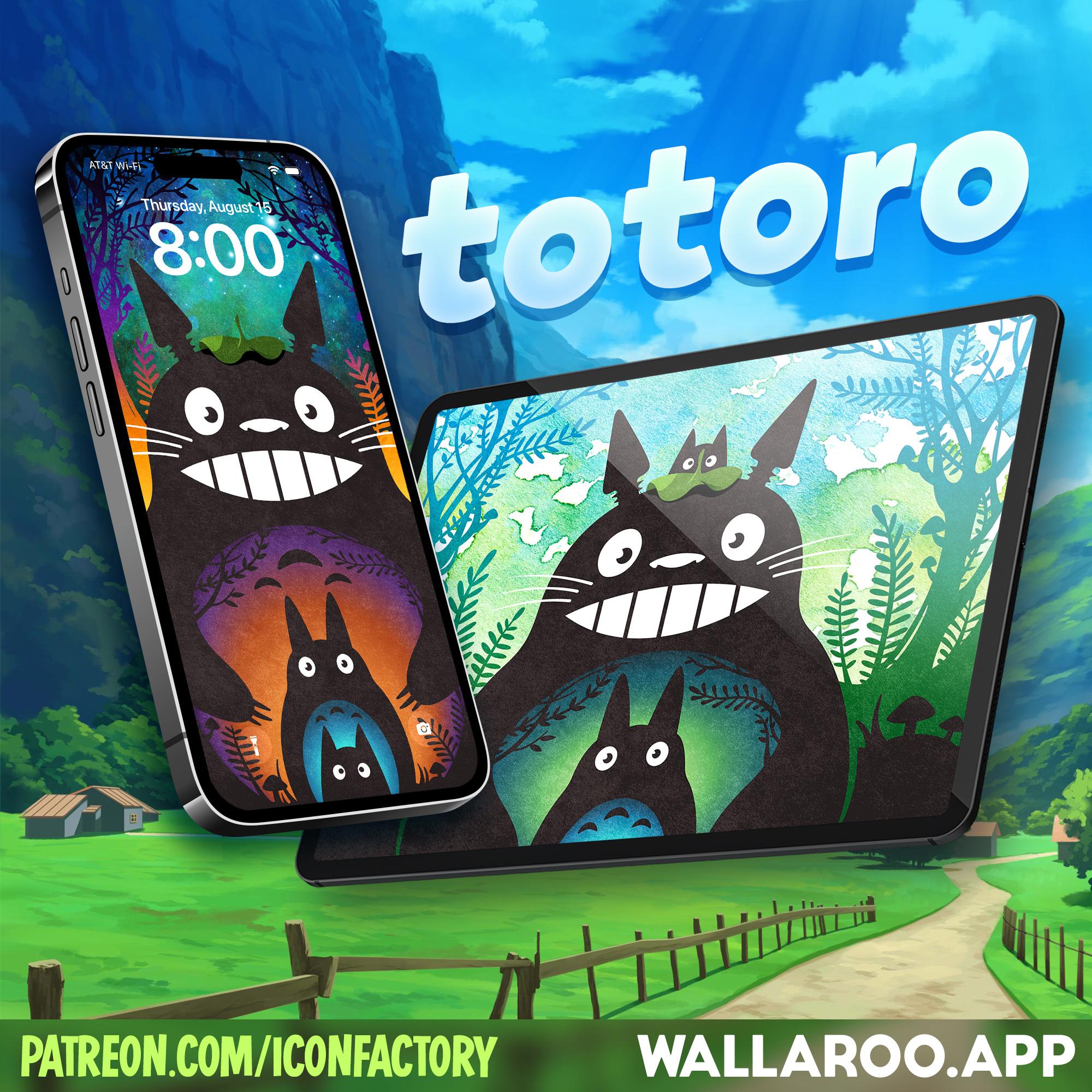 An iPhone and iPad showing a graphic illustration of the spirits from My Neighbor Totoro in a forest setting, one daytime and one nighttime.