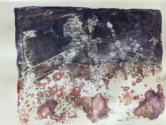 Art print showing astroid like shapes in red tones in a white field below dark purple space with white frenetic lines and disturbances