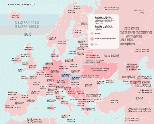 Etymology map of Slovenia and Slovakia